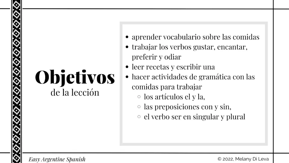 Lesson objectives slide lists food vocabulary, preference verbs, recipe reading and writing, and grammar