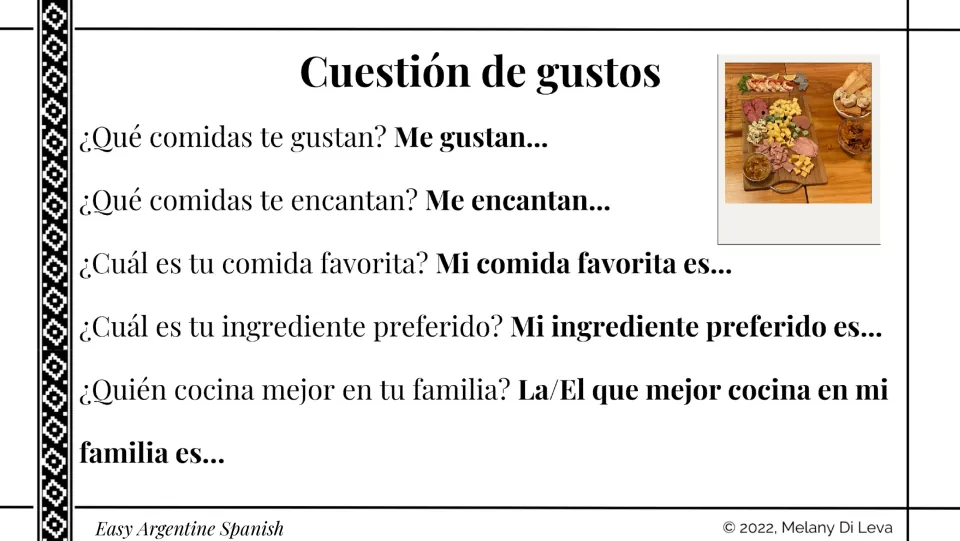Food preference prompts ask about liked foods, favorite meals and ingredients, and who cooks best at home
