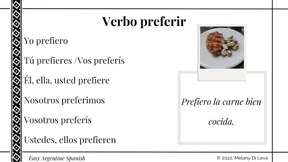 Preferir (to prefer) reference slide lists present-tense forms, including vos preferís, and a meat example
