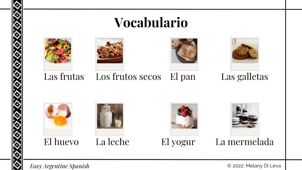 Breakfast vocabulary slide labels eight foods: frutas (fruits), frutos secos (nuts), pan (bread), and five more