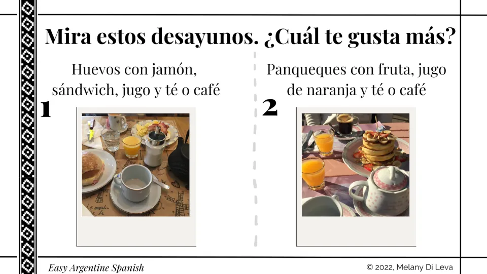 Breakfast comparison asks which meal students like more: eggs with ham and a sandwich or pancakes with fruit