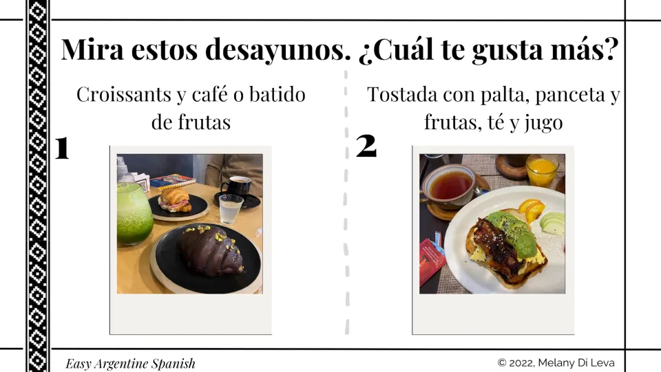Breakfast comparison asks which meal students like more: croissants or toast with avocado, bacon, and fruit