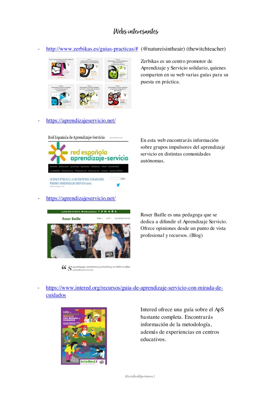 Service-learning reference page featuring Zerbikas guides, a Spanish network, Roser Batlle, and InteRed