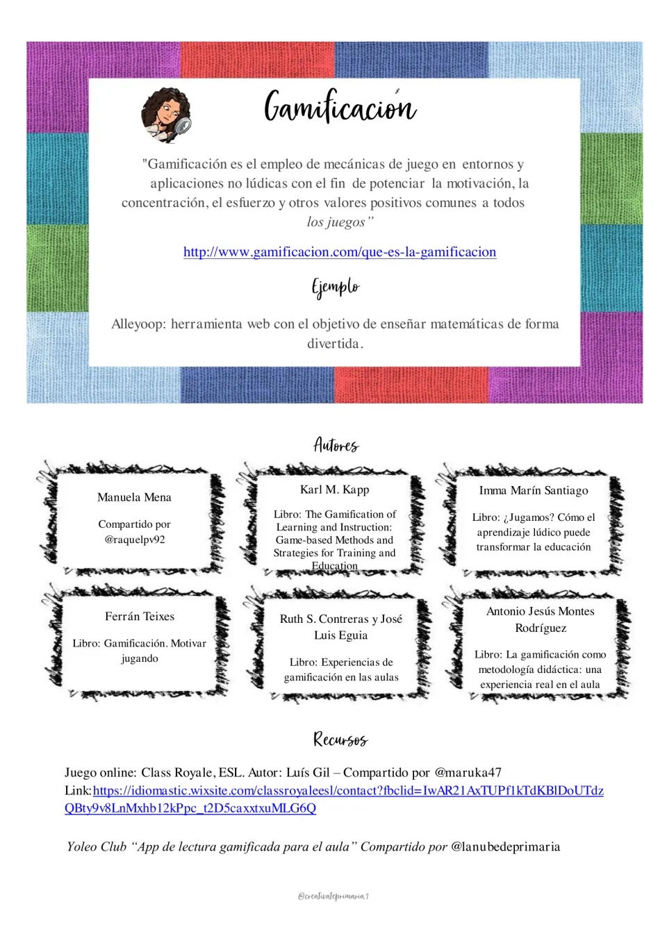 Gamification introduction with an Alleyoop math example, six author entries, Class Royale ESL, and Yoleo Club