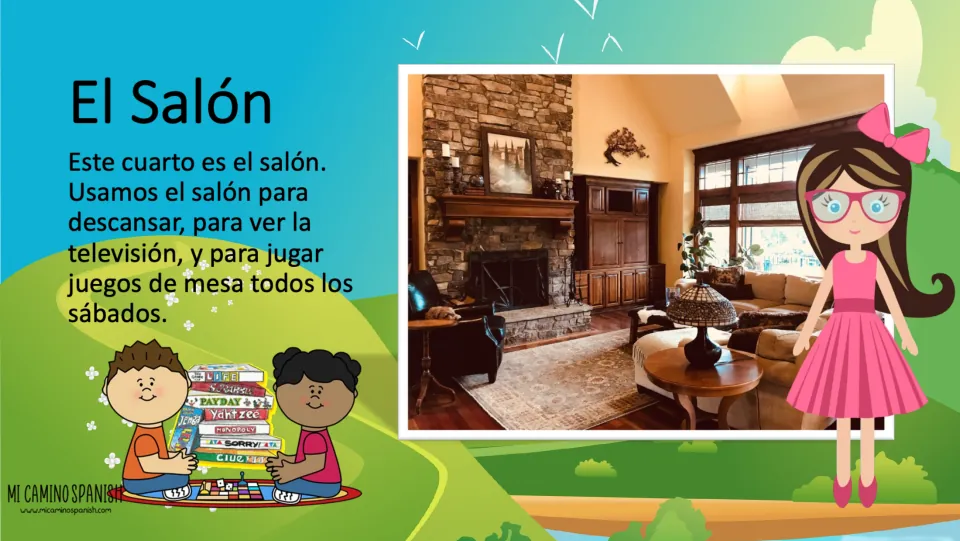 El Salón (living room) slide pairs a room photo with Spanish text about resting, TV, and Saturday board games