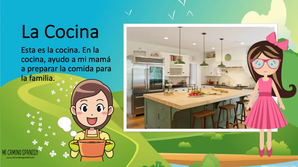 La Cocina (kitchen) slide pairs a kitchen photo with Spanish text about helping Mom prepare family meals