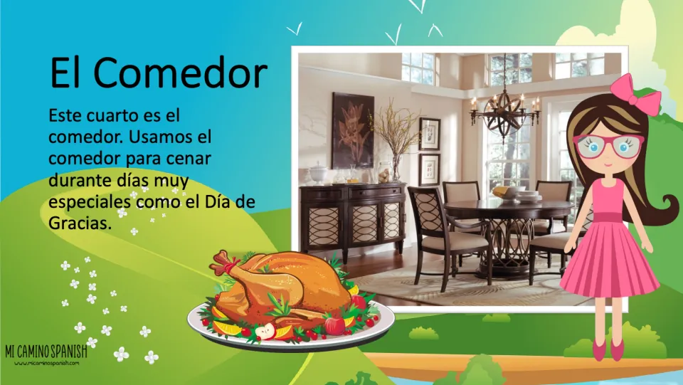 El Comedor (dining room) slide pairs a room photo with Spanish text about special dinners such as Thanksgiving