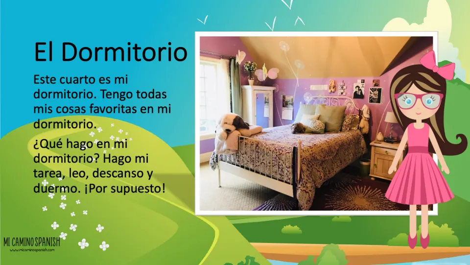 El Dormitorio (bedroom) slide pairs a bedroom photo with Spanish text about homework, reading, rest, and sleep