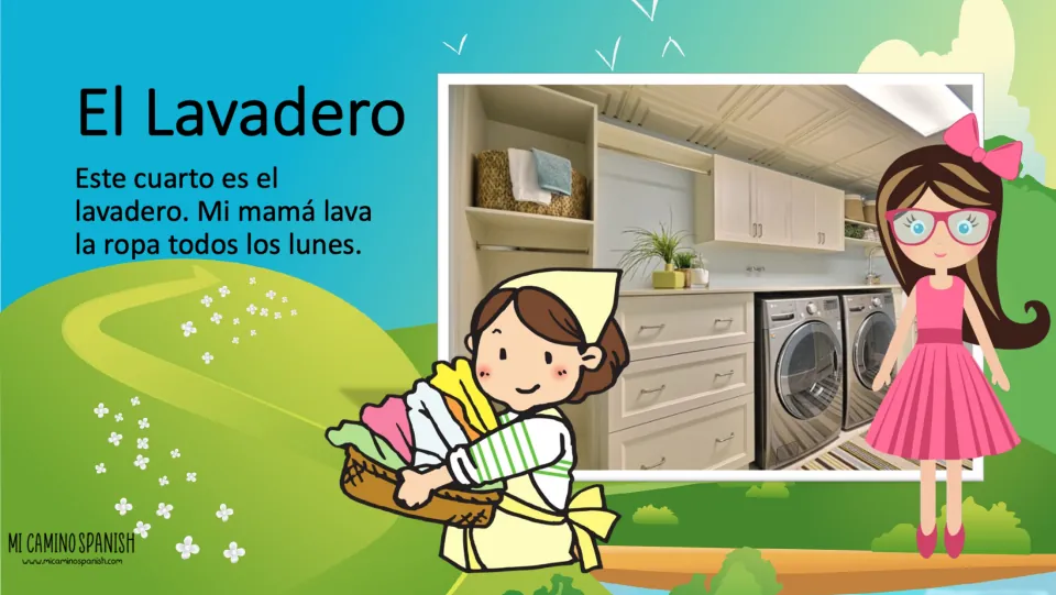 El Lavadero (laundry room) slide pairs a room photo with Spanish text about Mom washing clothes every Monday
