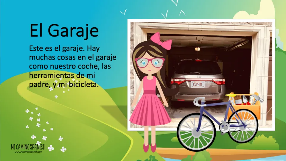 El Garaje (garage) slide uses a garage photo and Spanish text to introduce the family car, tools, and bicycle