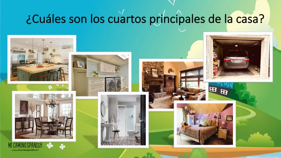 Room review slide asks in Spanish for the main rooms of a house, using seven unlabeled room photos