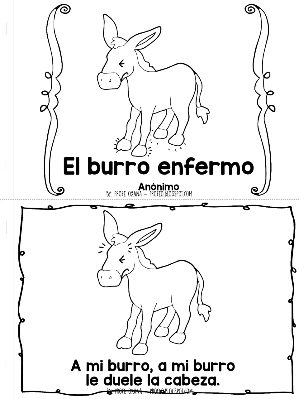 Mini book cover for the anonymous poem 'El burro enfermo' and first page: a donkey whose head hurts (le duele la cabeza)