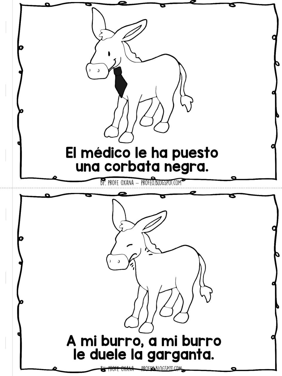 Poem pages: the doctor puts a black tie on the donkey, then its throat hurts (le duele la garganta); art to color