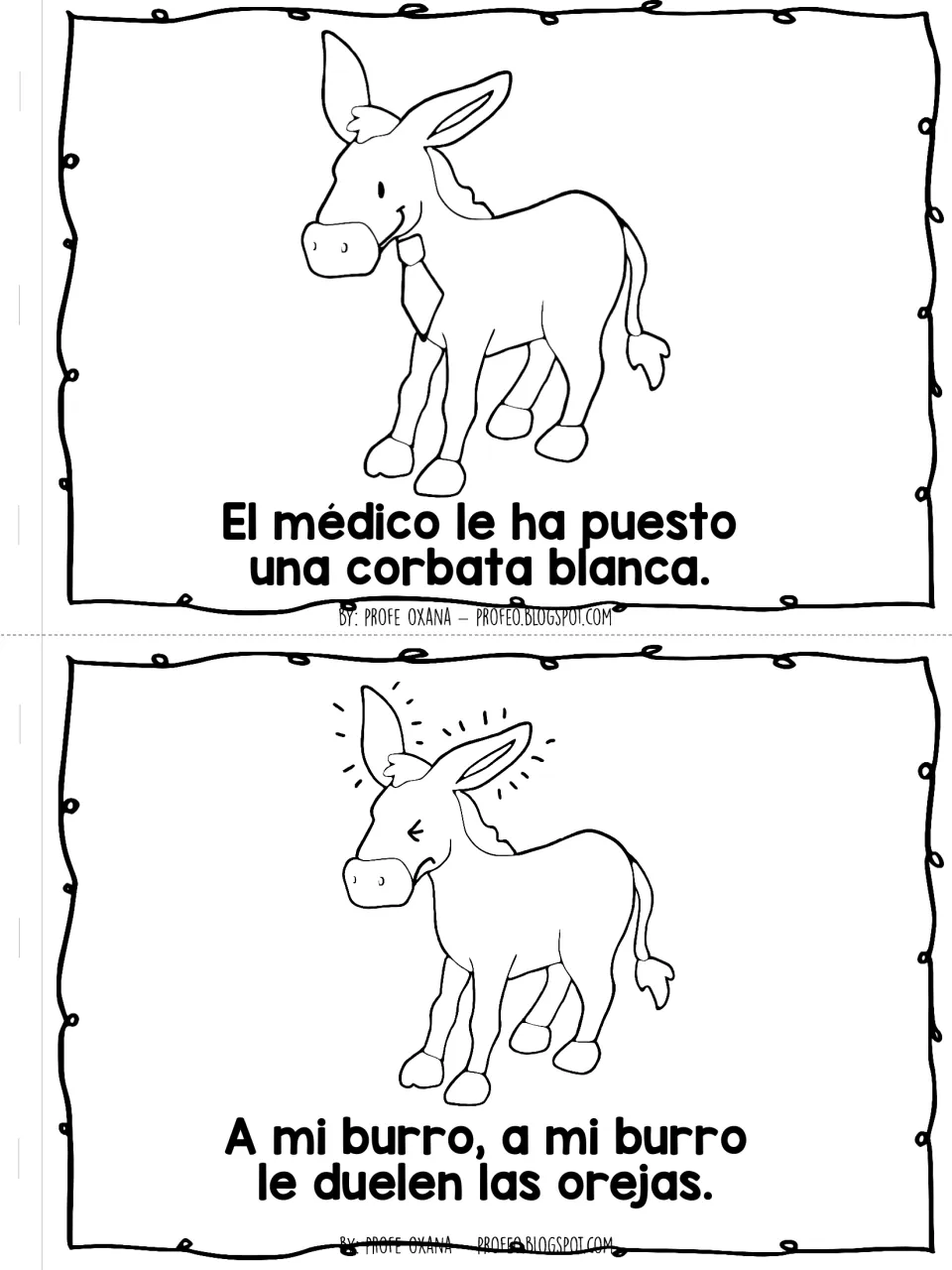 Poem pages: the doctor gives a white tie (corbata blanca), then its ears hurt (le duelen las orejas); coloring art