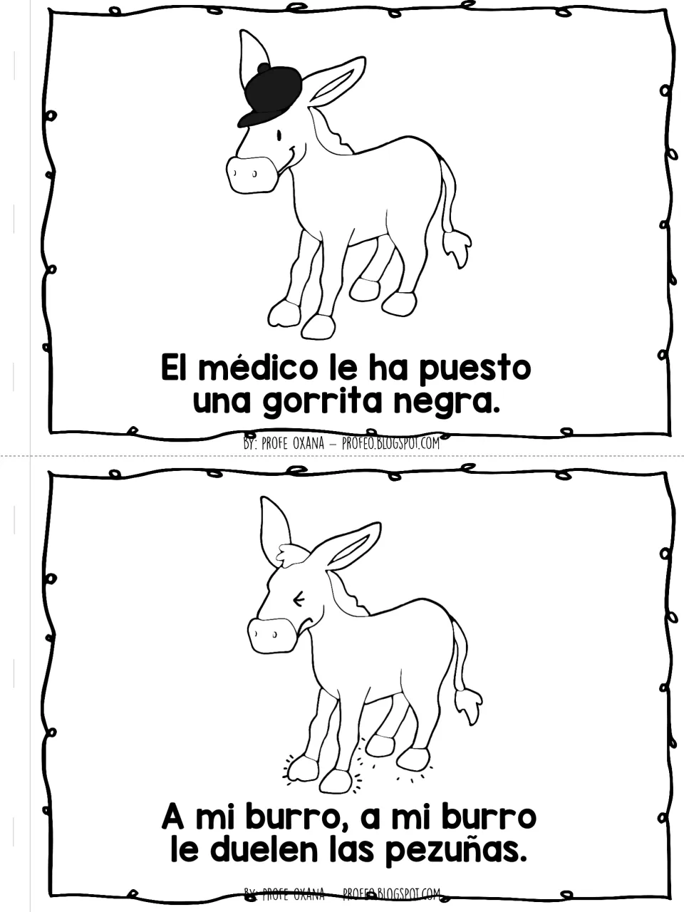 Poem pages: the doctor puts a little black cap (gorrita negra) on, then its hooves hurt (le duelen las pezuñas)