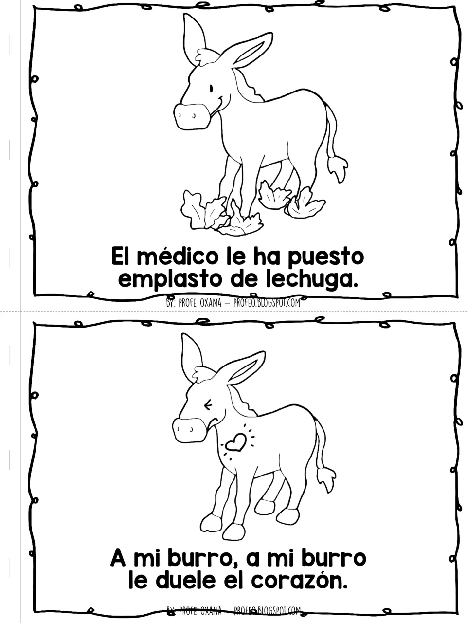 Poem pages: the doctor applies a lettuce poultice (emplasto de lechuga), then its heart hurts (le duele el corazón)