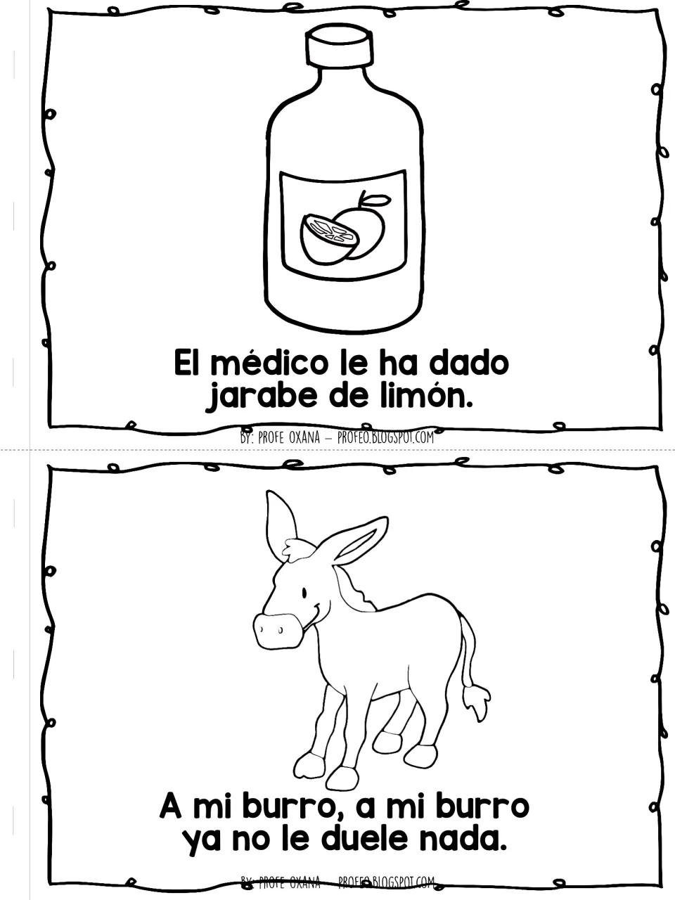 Poem pages: the doctor gives lemon syrup (jarabe de limón), then nothing hurts the smiling donkey anymore