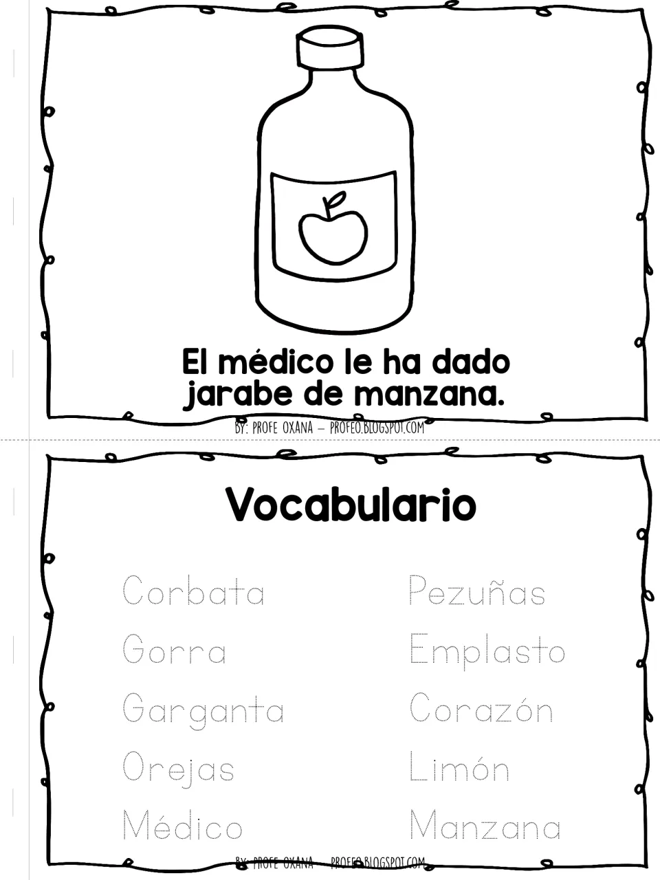 Apple syrup page (jarabe de manzana) and a Vocabulario page to trace 10 words such as corbata, orejas and limón