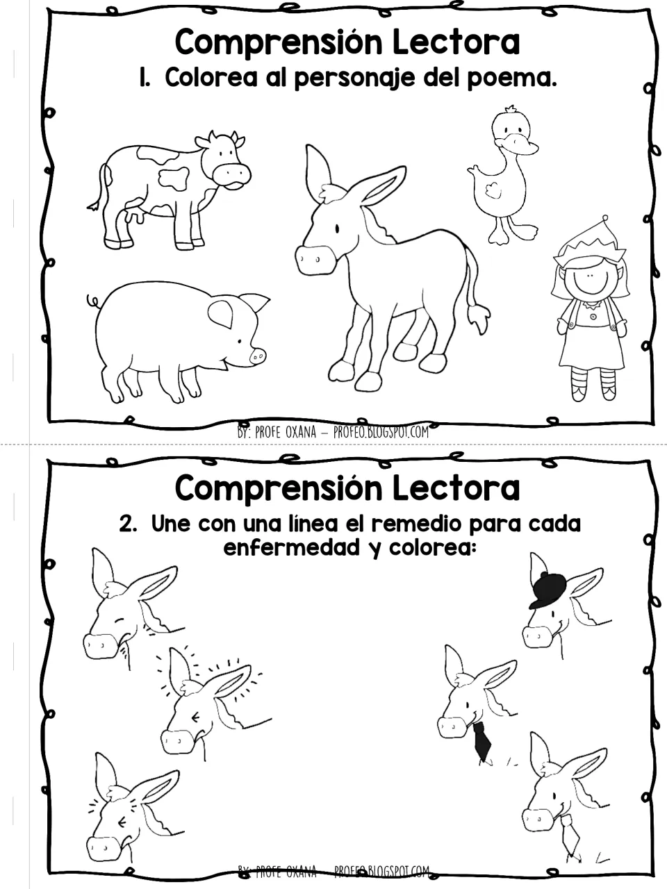 Comprensión Lectora: color the poem's character among 5 drawings, then match each sick donkey to its remedy
