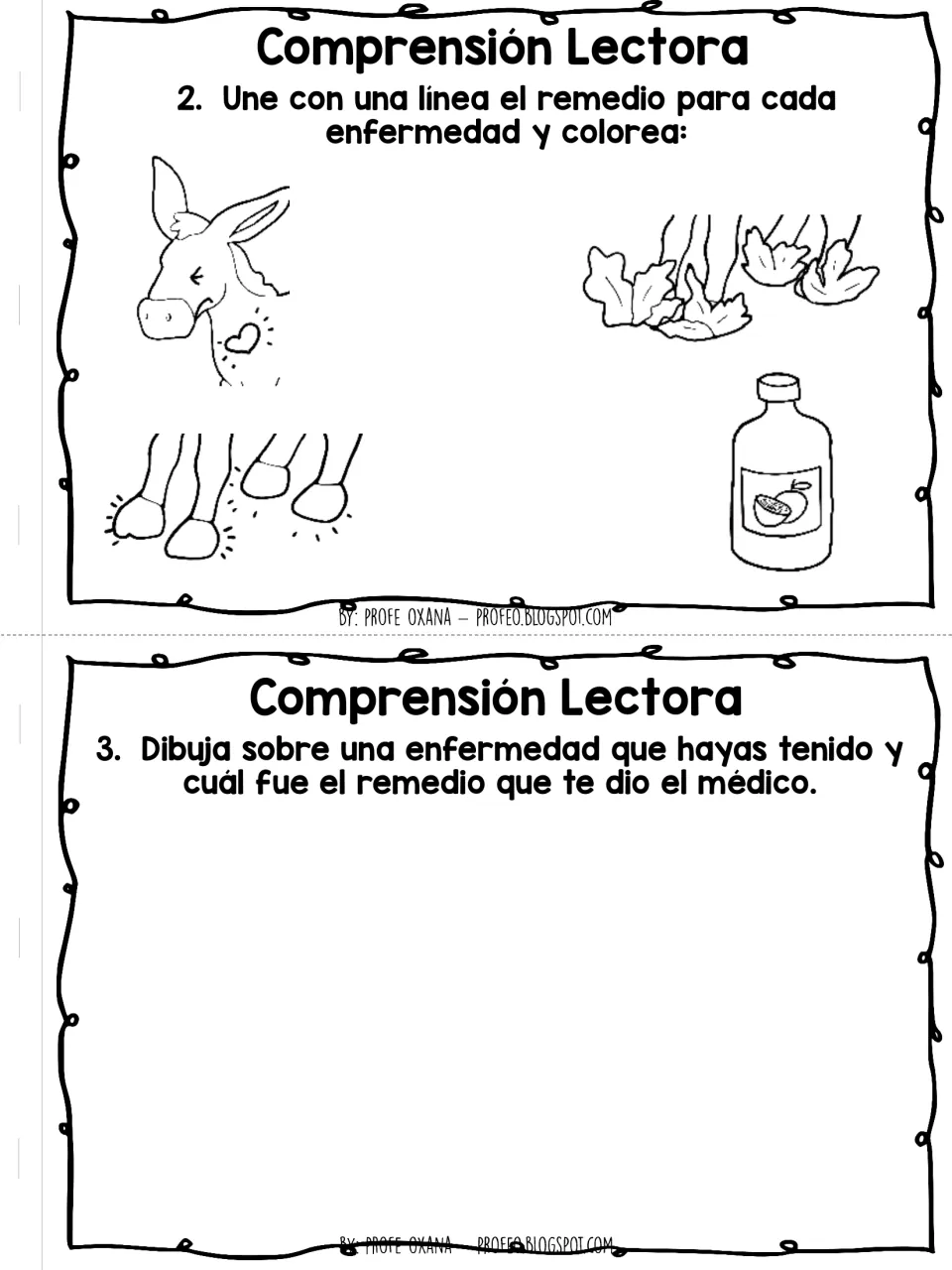 Comprensión Lectora: finish matching heart and hoof pain to lettuce and syrup, then draw an illness and its remedy