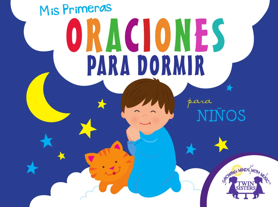 Mis Primeras Oraciones Para Dormir para Niños eBook cover: a boy in pajamas kneels to pray beside an orange cat