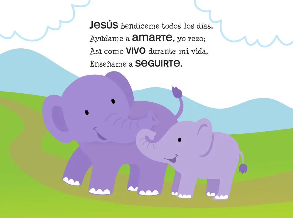 Prayer 2: 'Jesús bendíceme todos los días' (Jesus, bless me every day), with a mother and baby elephant