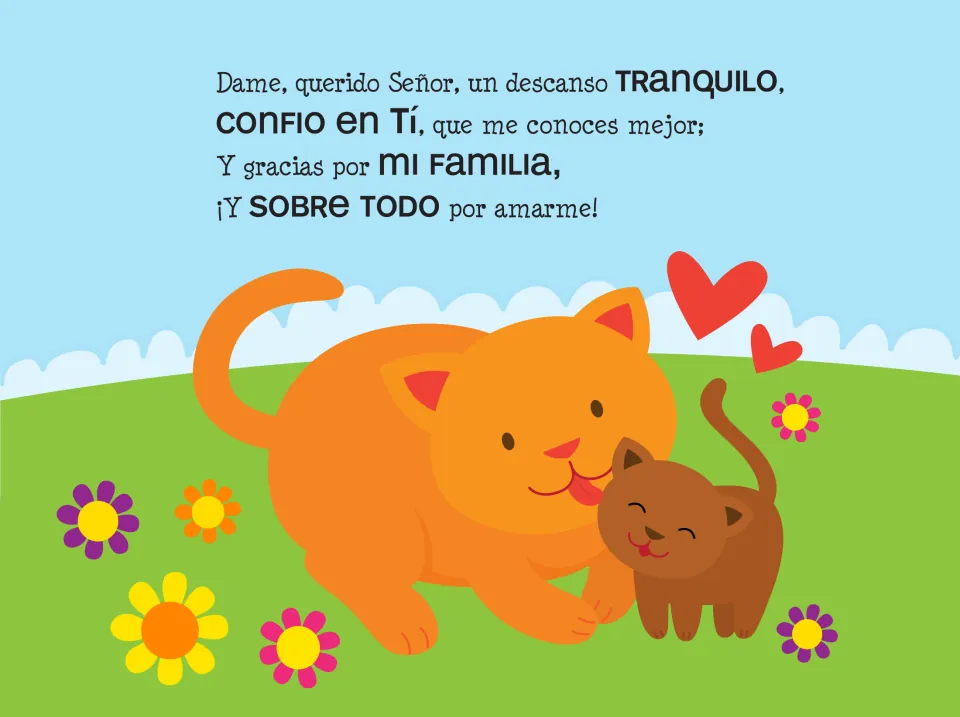 Prayer 4: 'Dame, querido Señor, un descanso tranquilo' (Give me, dear Lord, a quiet rest), with a cat and kitten