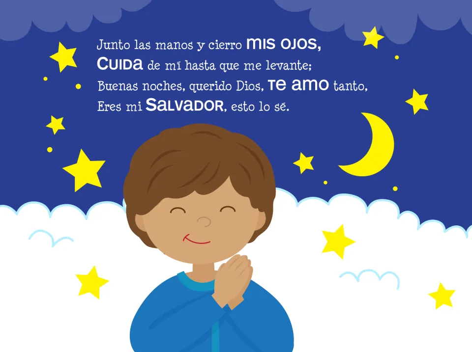 Prayer 5: 'Junto las manos y cierro mis ojos' (I fold my hands and close my eyes), with a boy praying at night