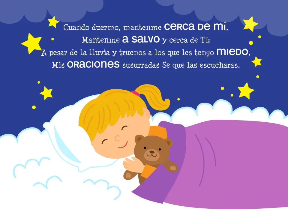 Prayer 6: 'Cuando duermo, mantenme cerca de mí' (When I sleep, keep me close), with a girl hugging a teddy bear