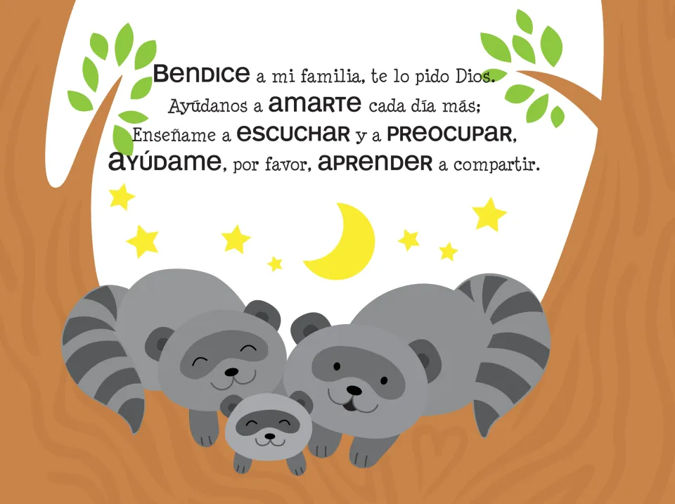 Prayer 7: 'Bendice a mi familia, te lo pido Dios' (Bless my family, I ask you, God), with a raccoon family