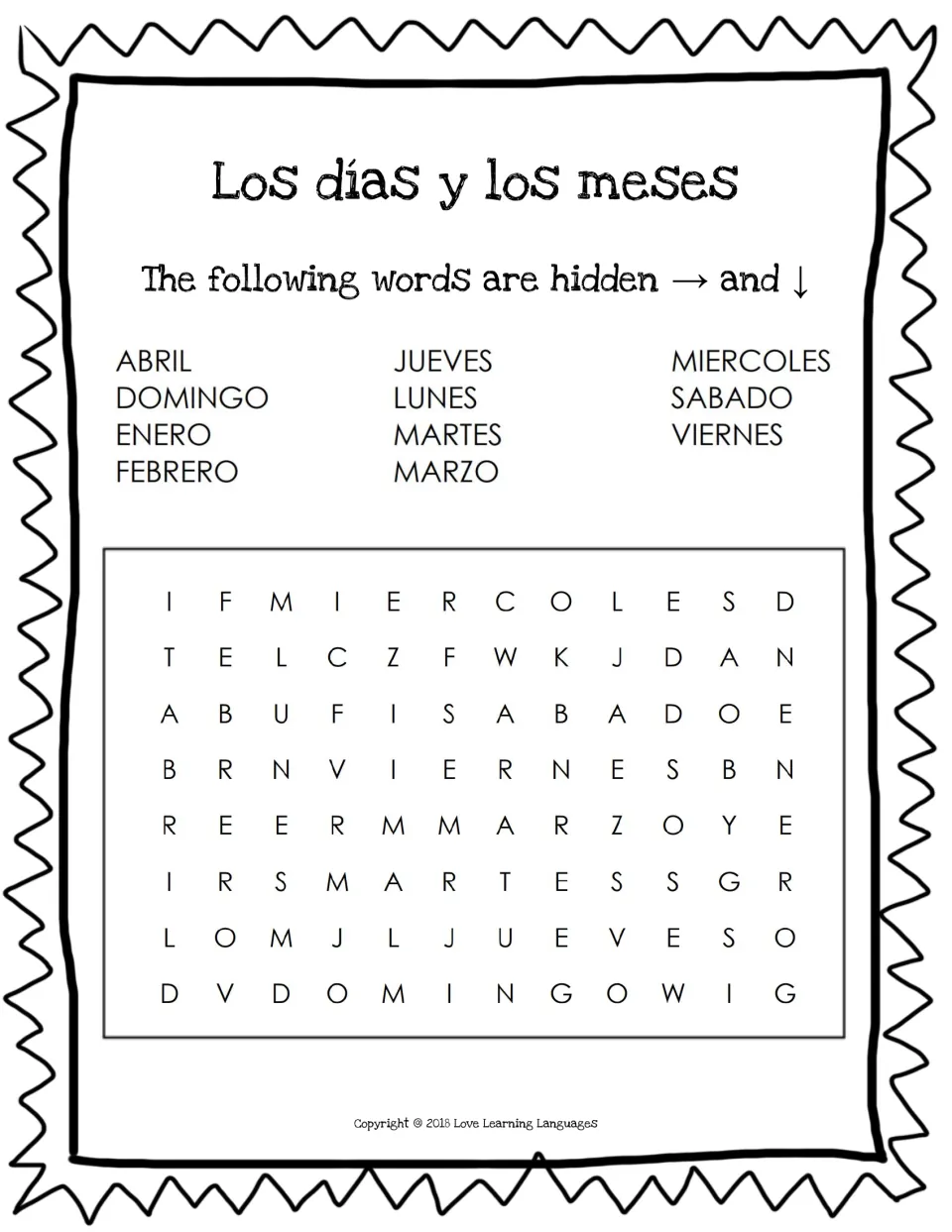 Los días y los meses word search: find all 7 Spanish days plus enero to abril, hidden across and down in a letter grid
