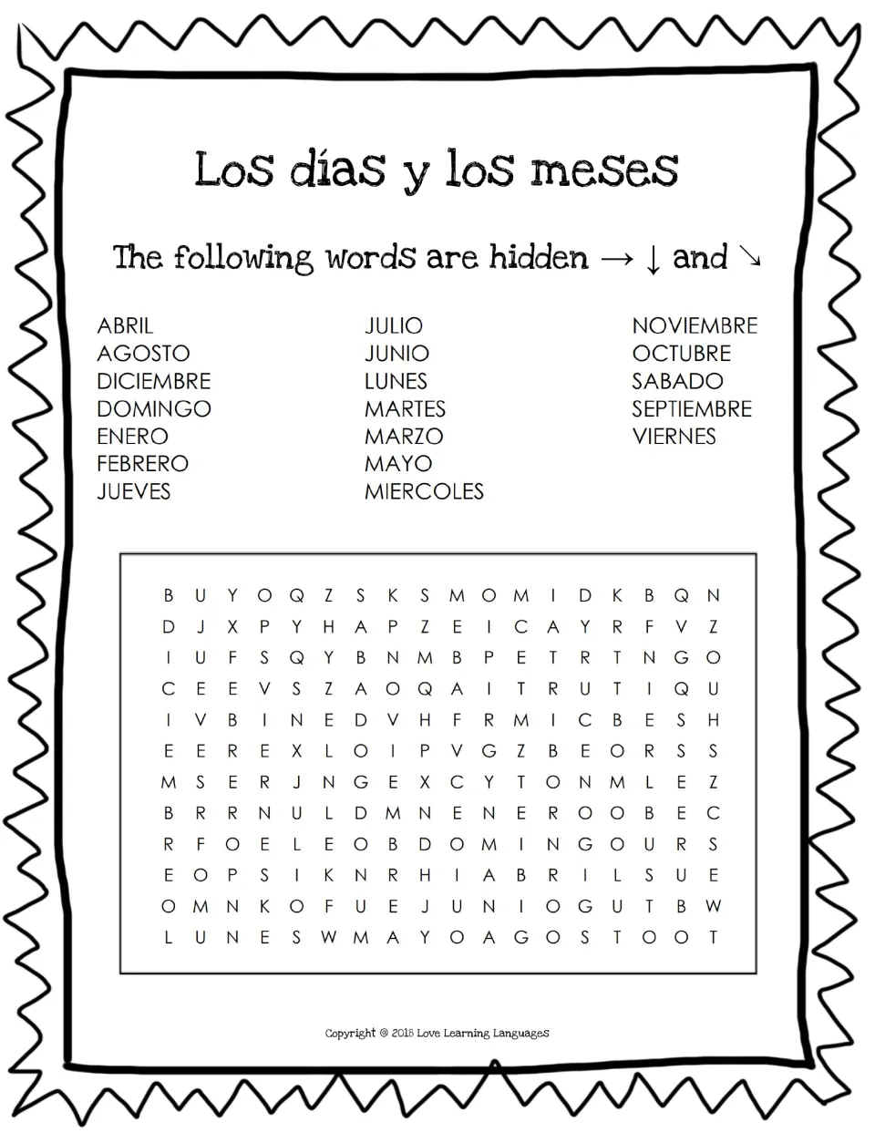 Los días y los meses word search with all 7 days and 12 months in Spanish, hidden across, down and diagonally