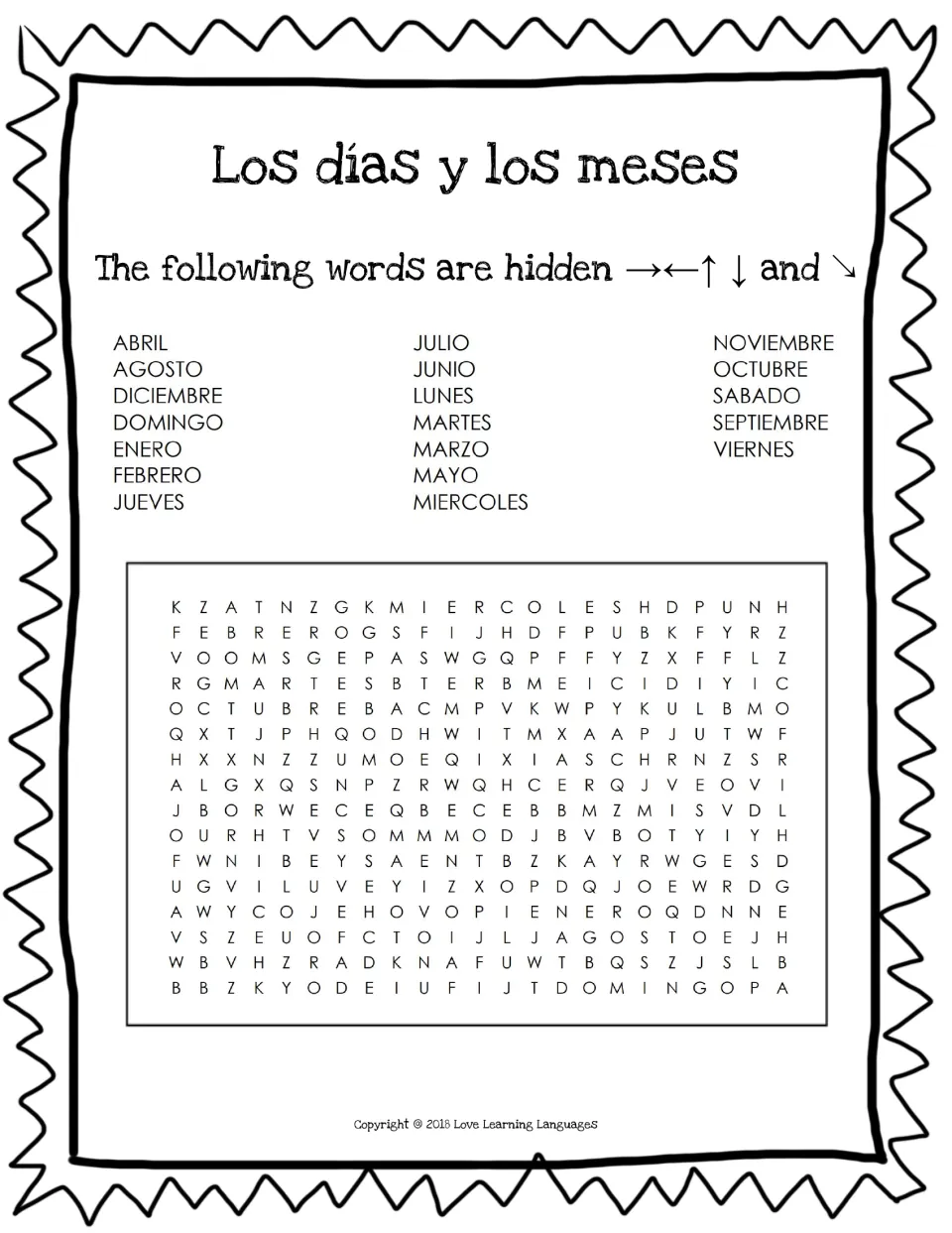 Los días y los meses word search: find 19 Spanish day and month names hidden forward, backward, up, down and diagonally
