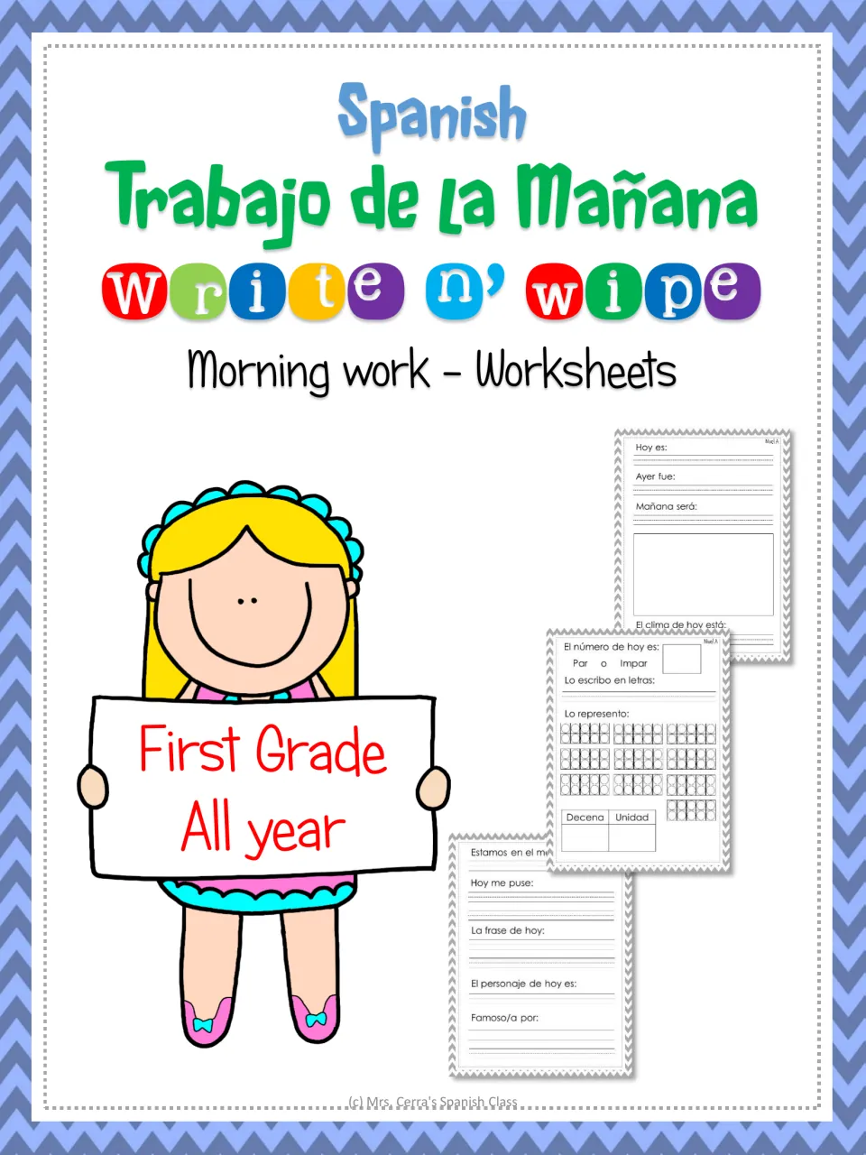 Trabajo de la Mañana write n' wipe cover: Spanish morning work sheets shown with sample calendar and number pages