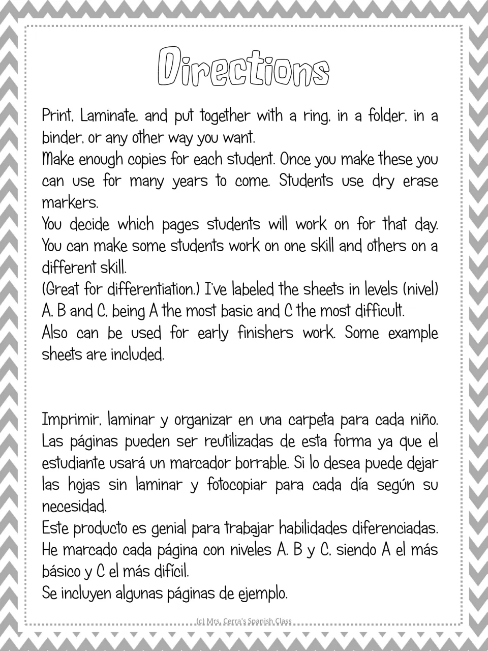 Directions in English and Spanish: laminate, bind and reuse sheets with dry-erase markers; pages labelled nivel A, B and C