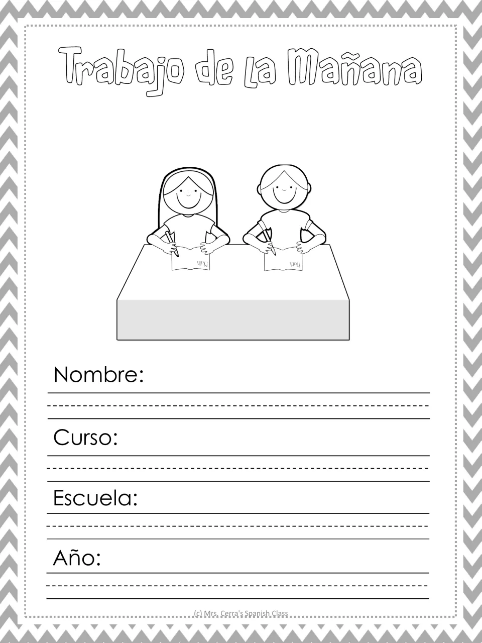 Trabajo de la Mañana folder cover page: students write their nombre, curso, escuela and año under two children at a desk