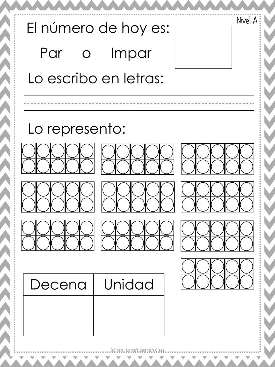 Number of the day, Nivel A: students mark par or impar, write it in words, fill ten frames and show decena and unidad