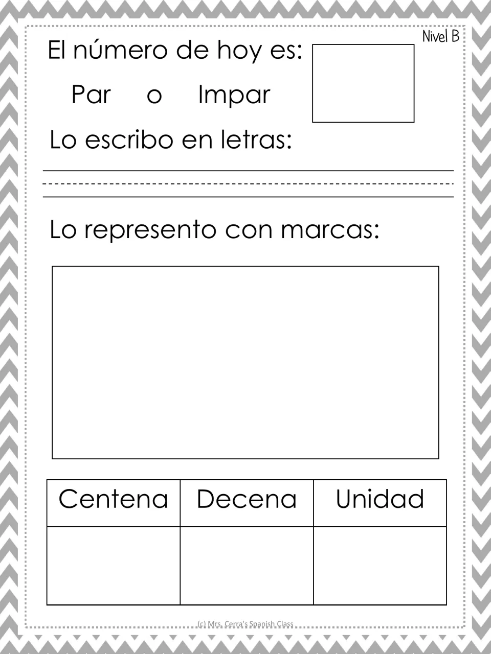 Number of the day, Nivel B: par or impar, number in words, tally marks and a centena, decena, unidad place value chart