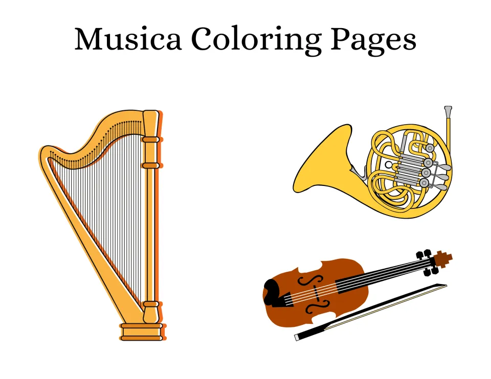 Cover of Musica Coloring Pages, a Spanish instrument coloring set, showing a harp, French horn, and violin