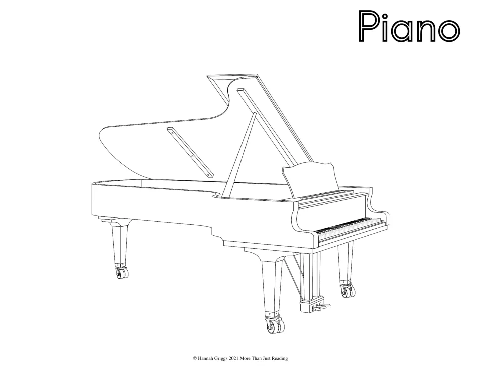 Spanish instrument coloring page labeled 'Piano' (piano), featuring a grand piano with its lid raised