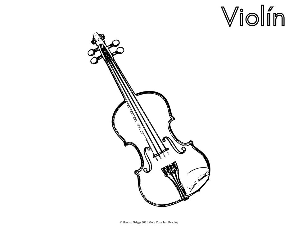 Spanish instrument coloring page labeled 'Violín' (violin), featuring the instrument's strings and tuning pegs