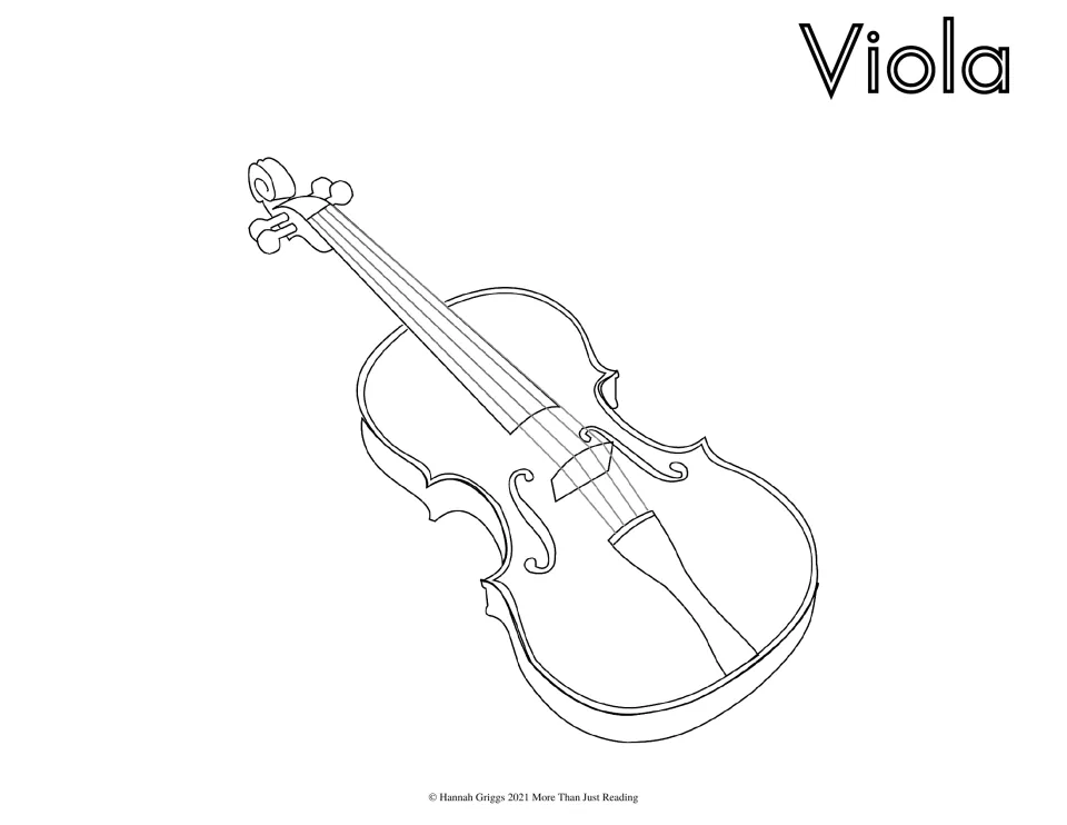 Spanish instrument coloring page labeled 'Viola' (viola), featuring its strings, bridge, and curved body
