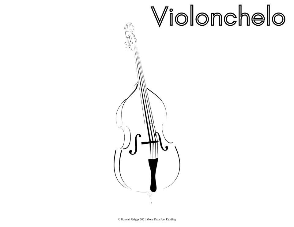 Spanish instrument coloring page labeled 'Violonchelo' (cello), featuring an upright string instrument