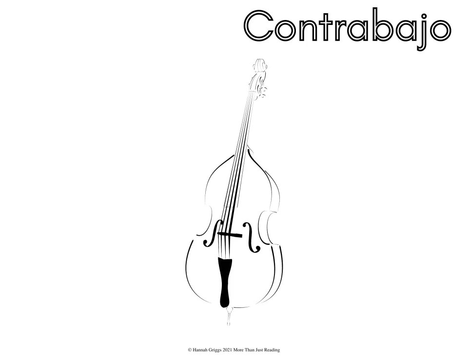 Spanish instrument coloring page labeled 'Contrabajo' (double bass), showing its strings and endpin