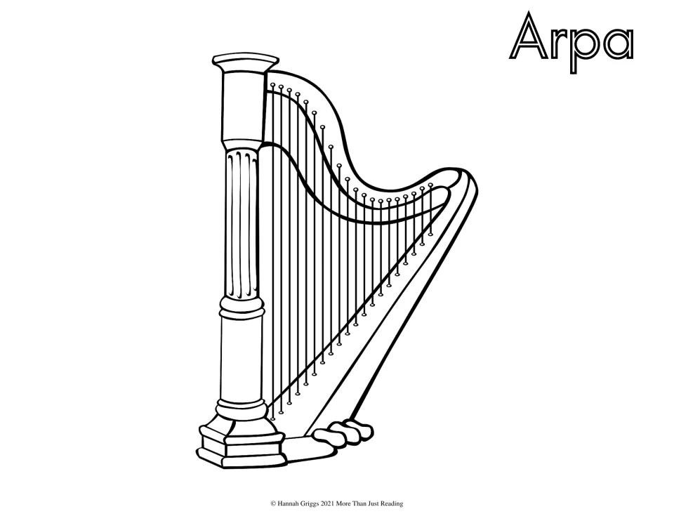 Spanish instrument coloring page labeled 'Arpa' (harp), featuring its curved frame, strings, and pedals