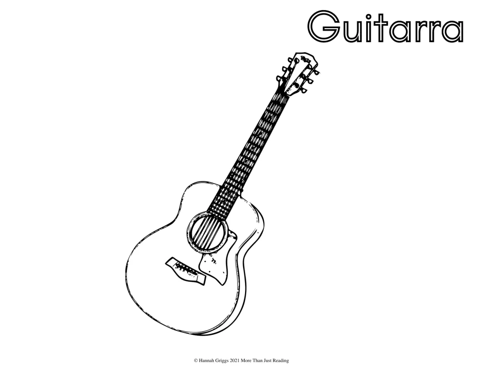 Spanish instrument coloring page labeled 'Guitarra' (guitar), featuring an acoustic guitar with strings