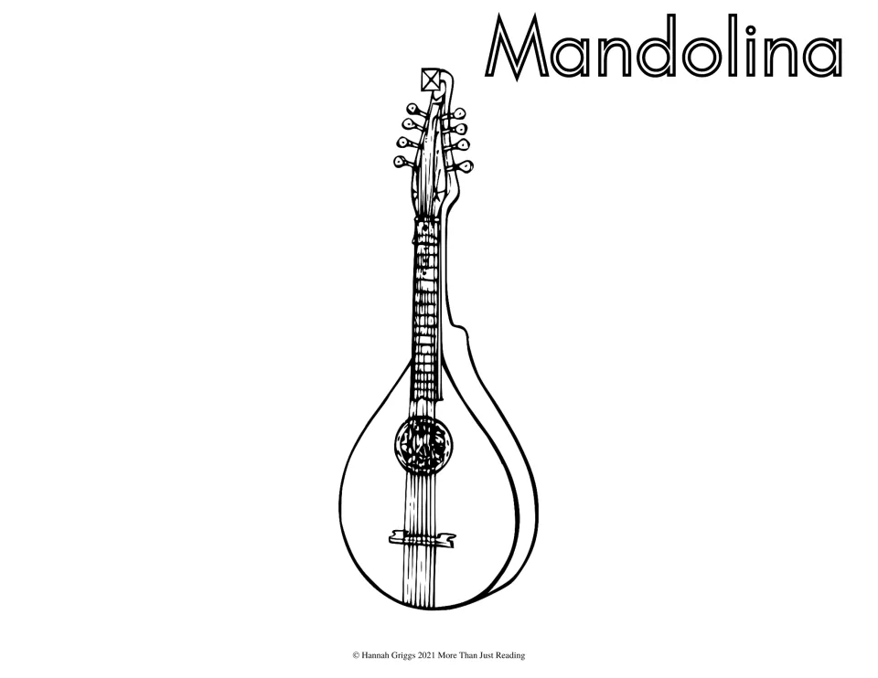 Spanish instrument coloring page labeled 'Mandolina' (mandolin), featuring its rounded body and strings