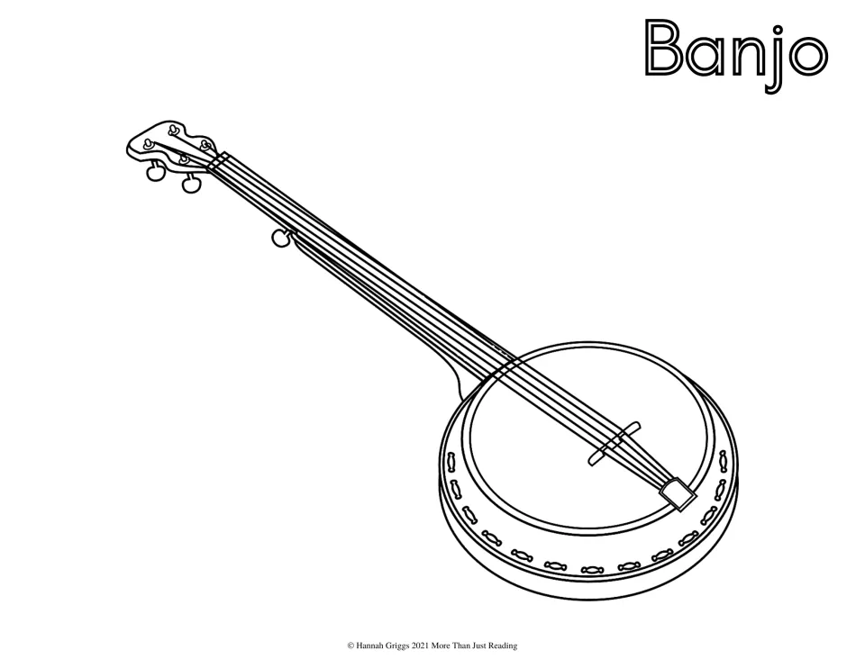 Spanish instrument coloring page labeled 'Banjo' (banjo), featuring its circular body and long neck