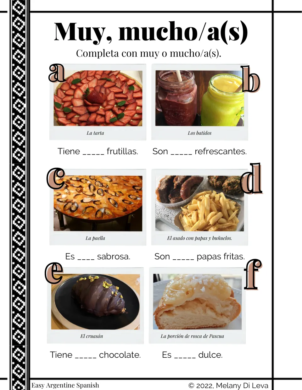 Spanish grammar items a–f: muy (very) or mucho/a(s) (much/many) for tart, smoothies, paella and more.