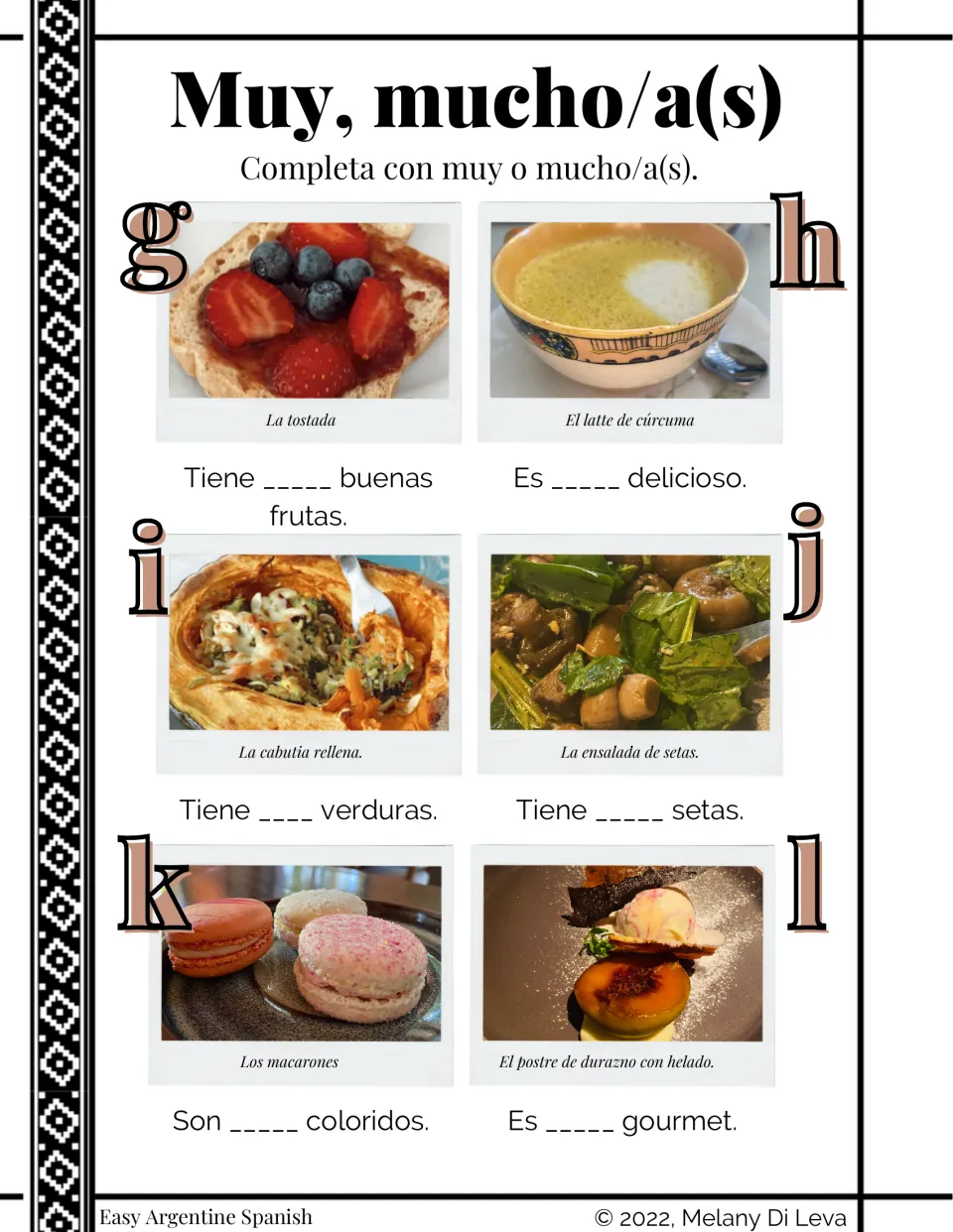 Spanish grammar items g–l: muy (very) or mucho/a(s) (much/many) for toast, turmeric latte, squash and more.